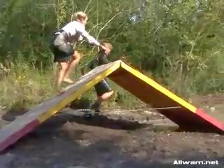 Sensational MILF bitches put into army training in desirable clothes