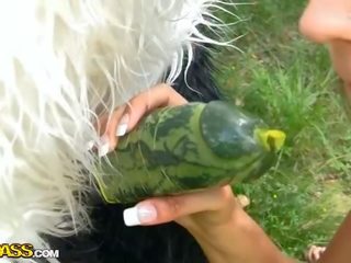 Enticing strap on fuck with young artist outdoor show
